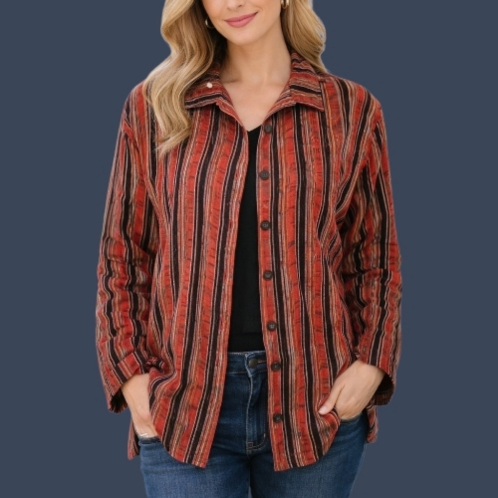 VTG CAROL TURNER Red Striped Lightweight Linen Button Down Shacket Shirt